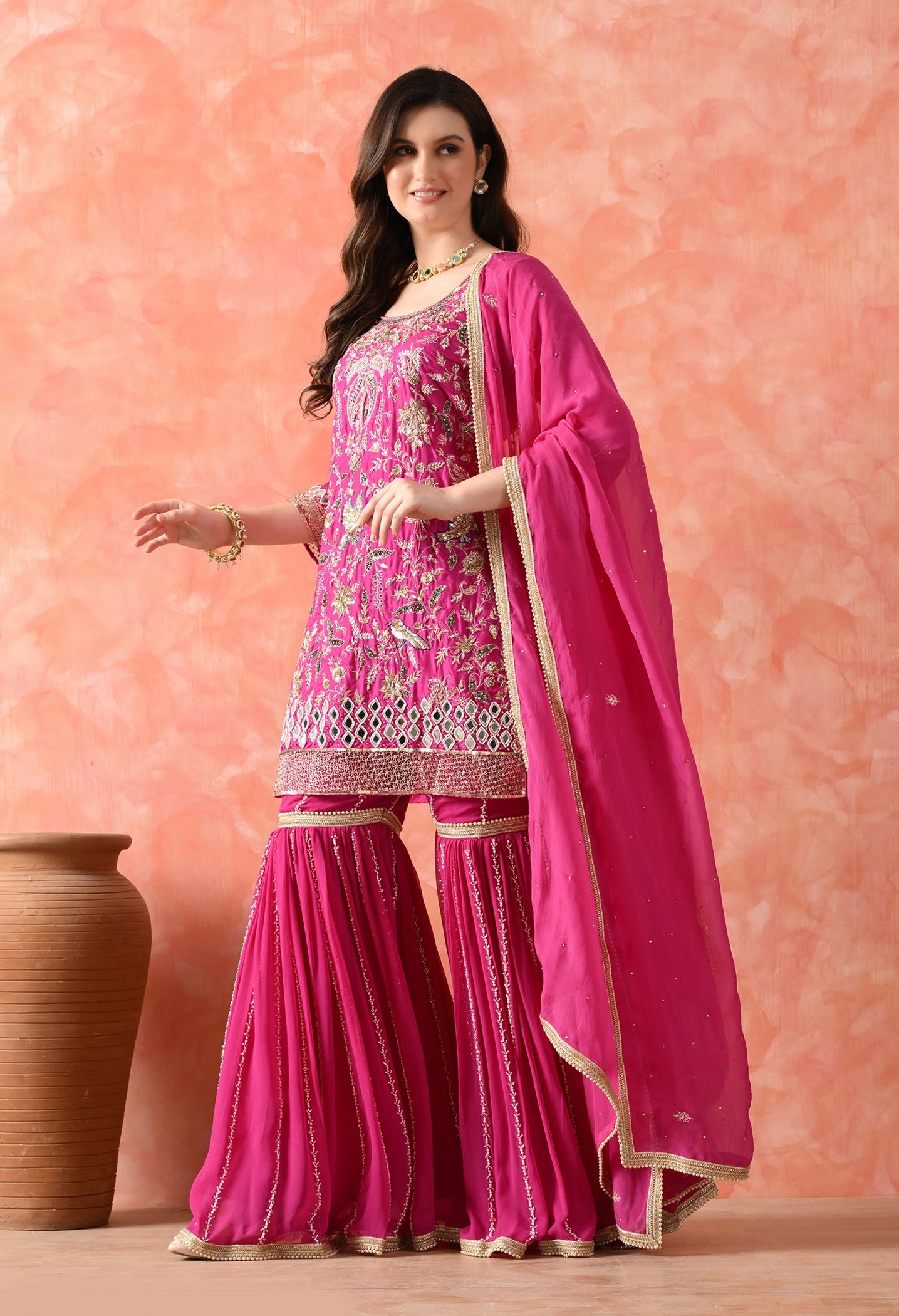 Rani Pink Gharara Set with Zardozi & Pearl Work