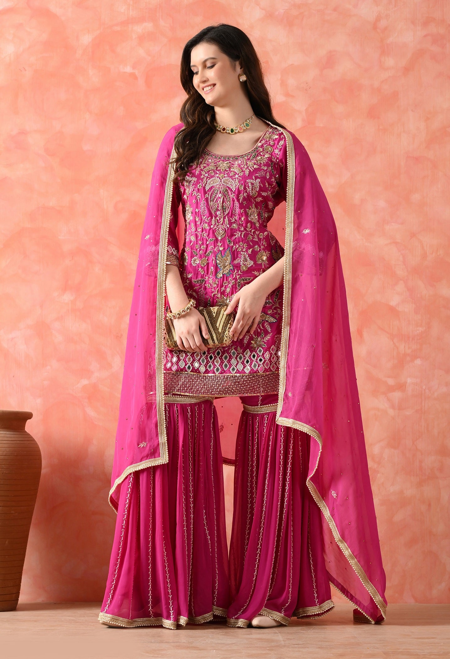 Rani Pink Gharara Set with Zardozi & Pearl Work