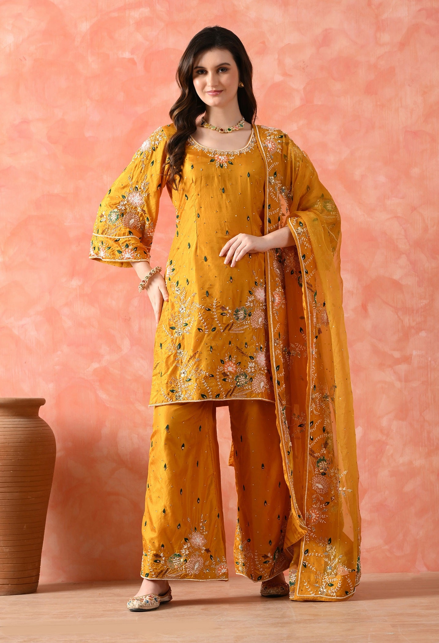 Yellow Kurta Set with Thread, Pearl & Zardozi Work