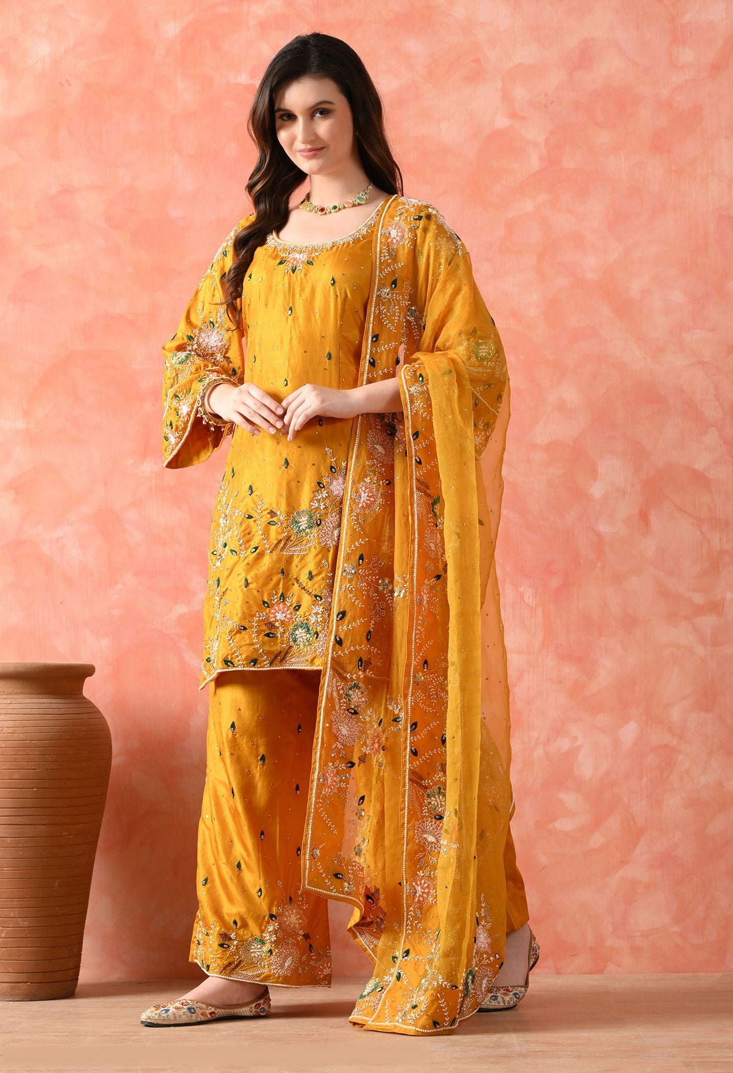 Yellow Kurta Set with Thread, Pearl & Zardozi Work