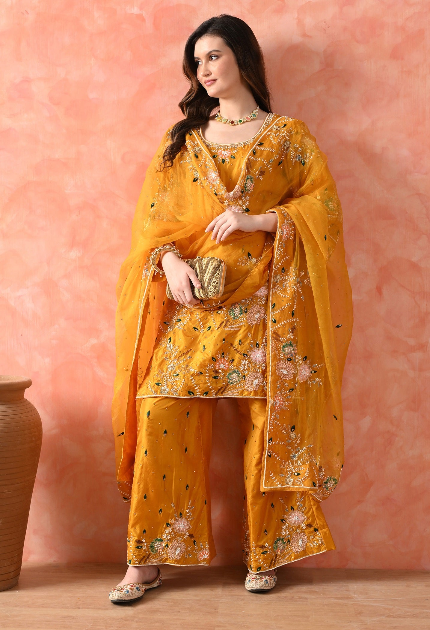 Yellow Kurta Set with Thread, Pearl & Zardozi Work