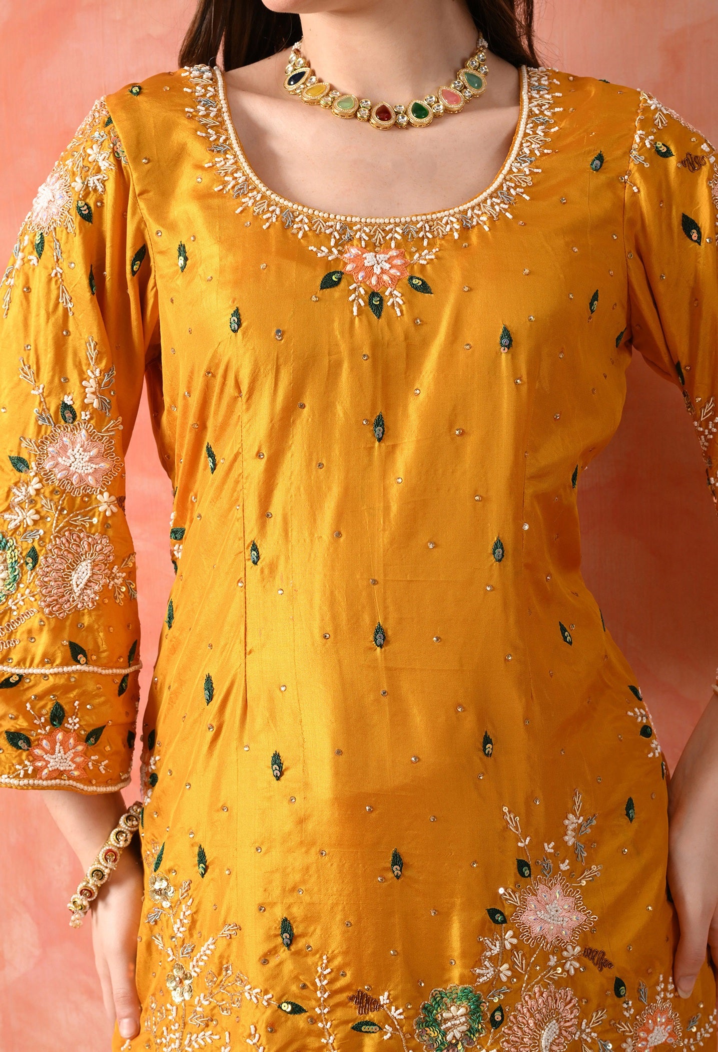 Yellow Kurta Set with Thread, Pearl & Zardozi Work