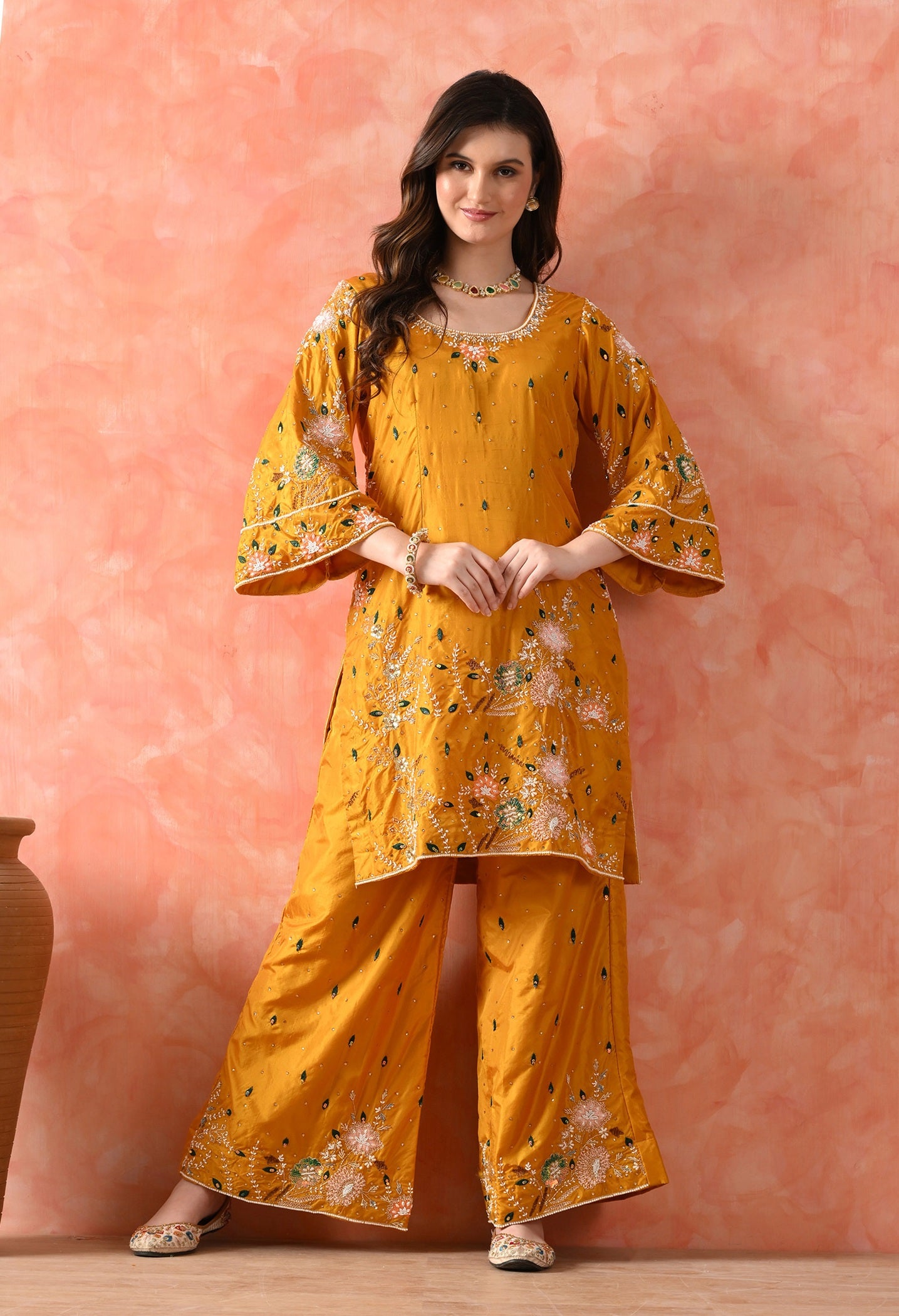 Yellow Kurta Set with Thread, Pearl & Zardozi Work