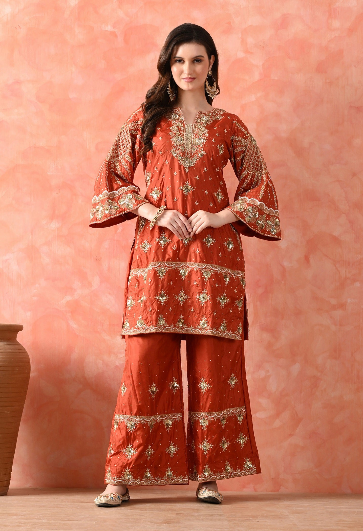 Rust Brown Zardozi Silk Kurta Set