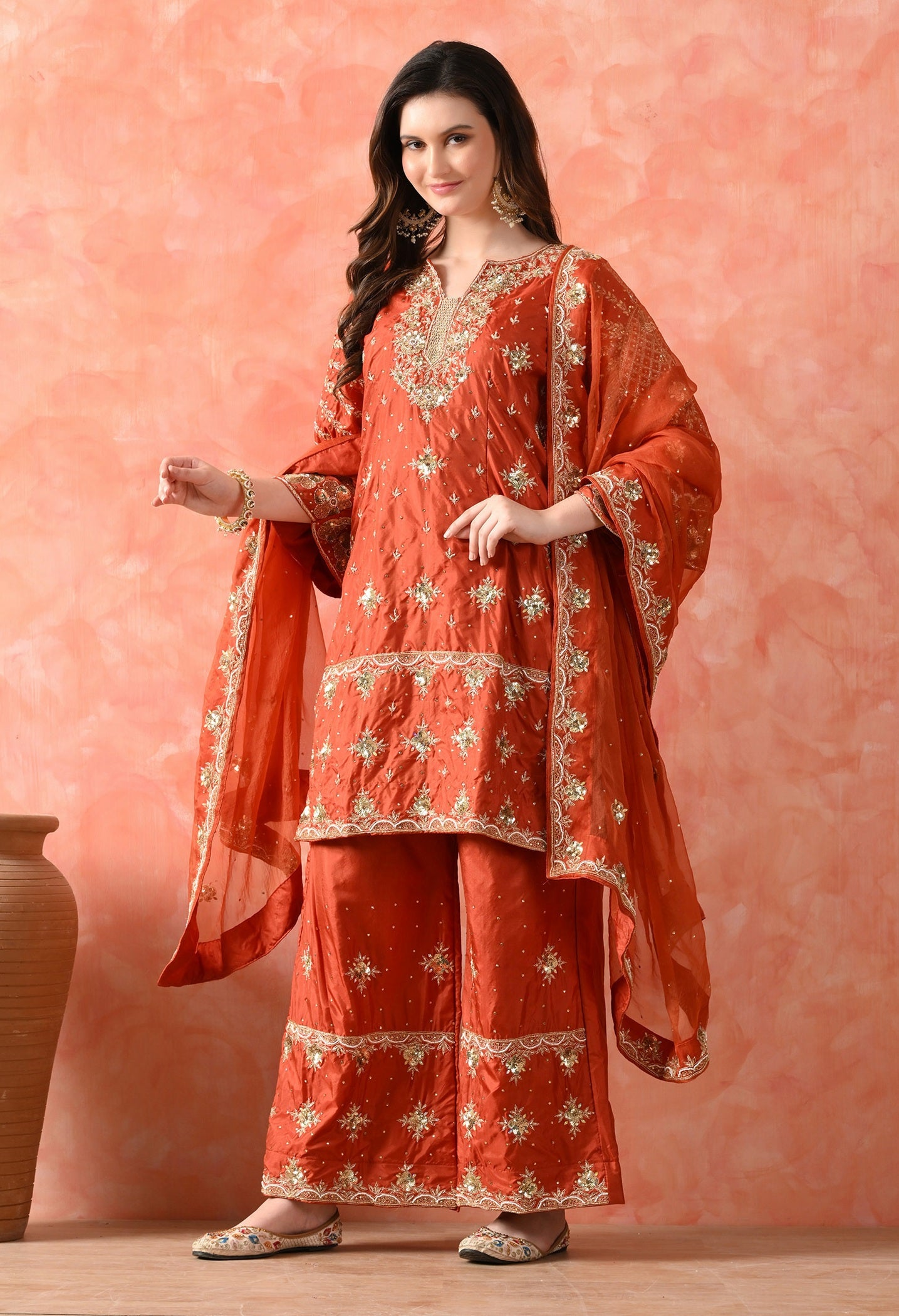 Rust Brown Zardozi Silk Kurta Set
