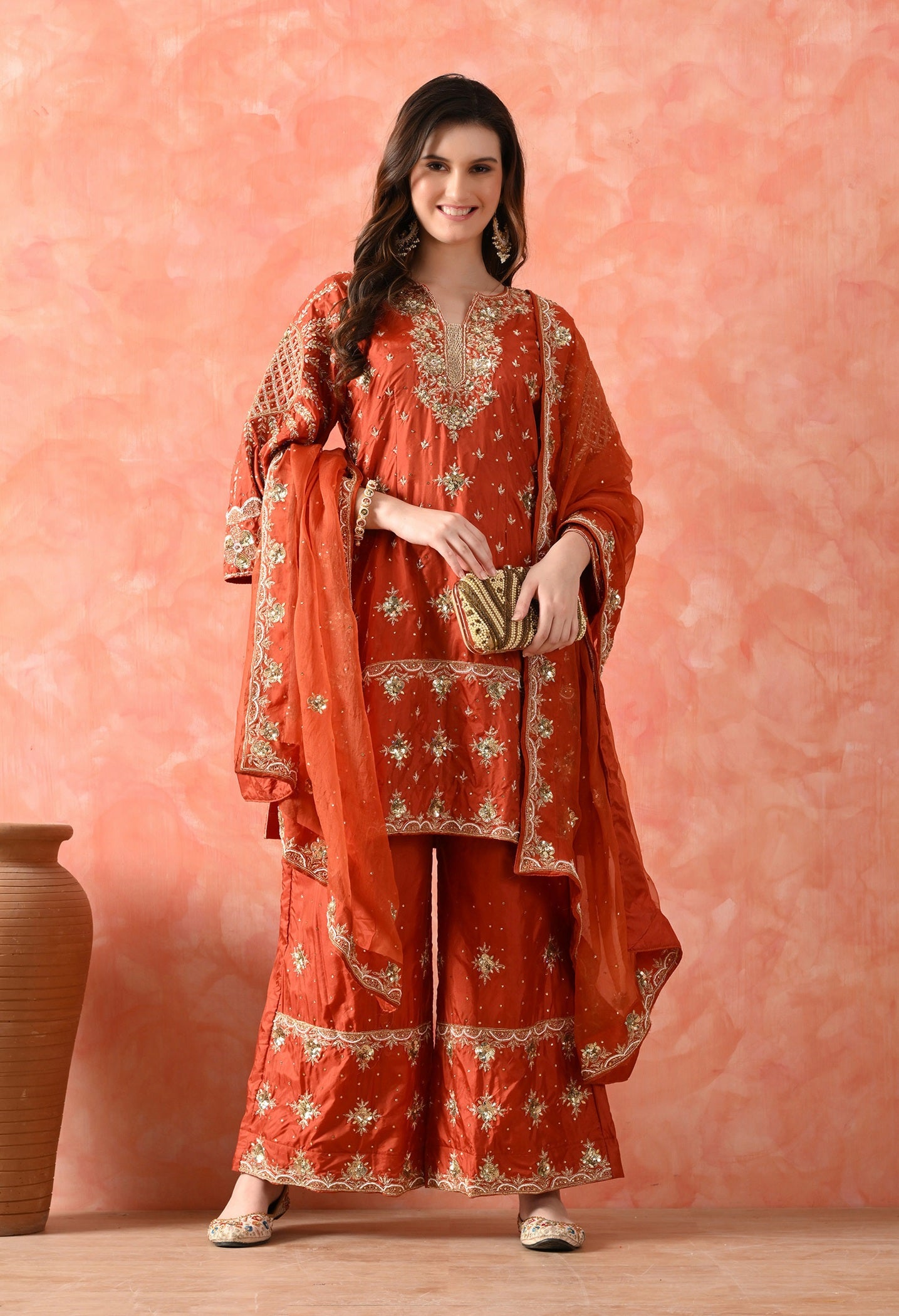 Rust Brown Zardozi Silk Kurta Set