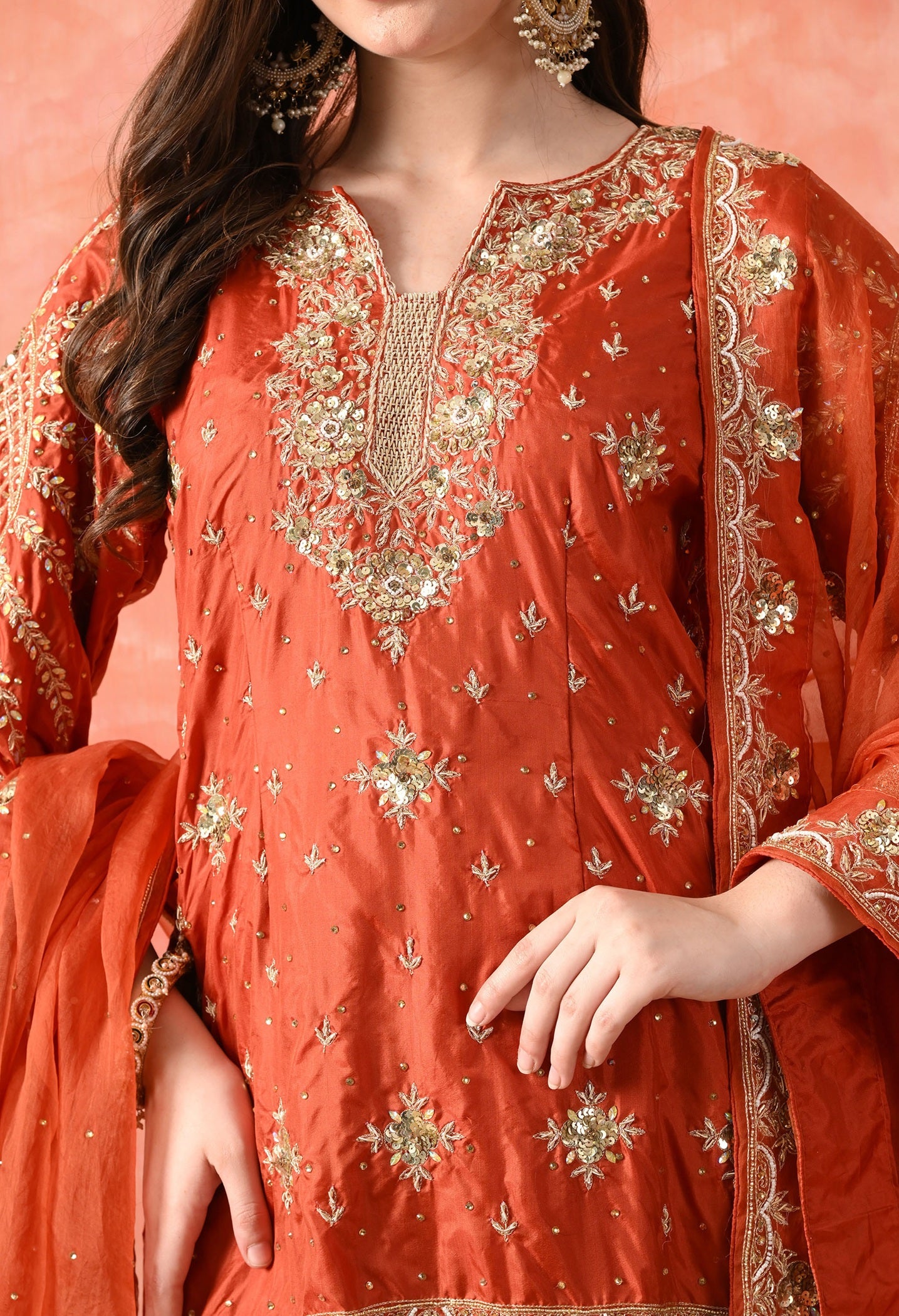 Rust Brown Zardozi Silk Kurta Set
