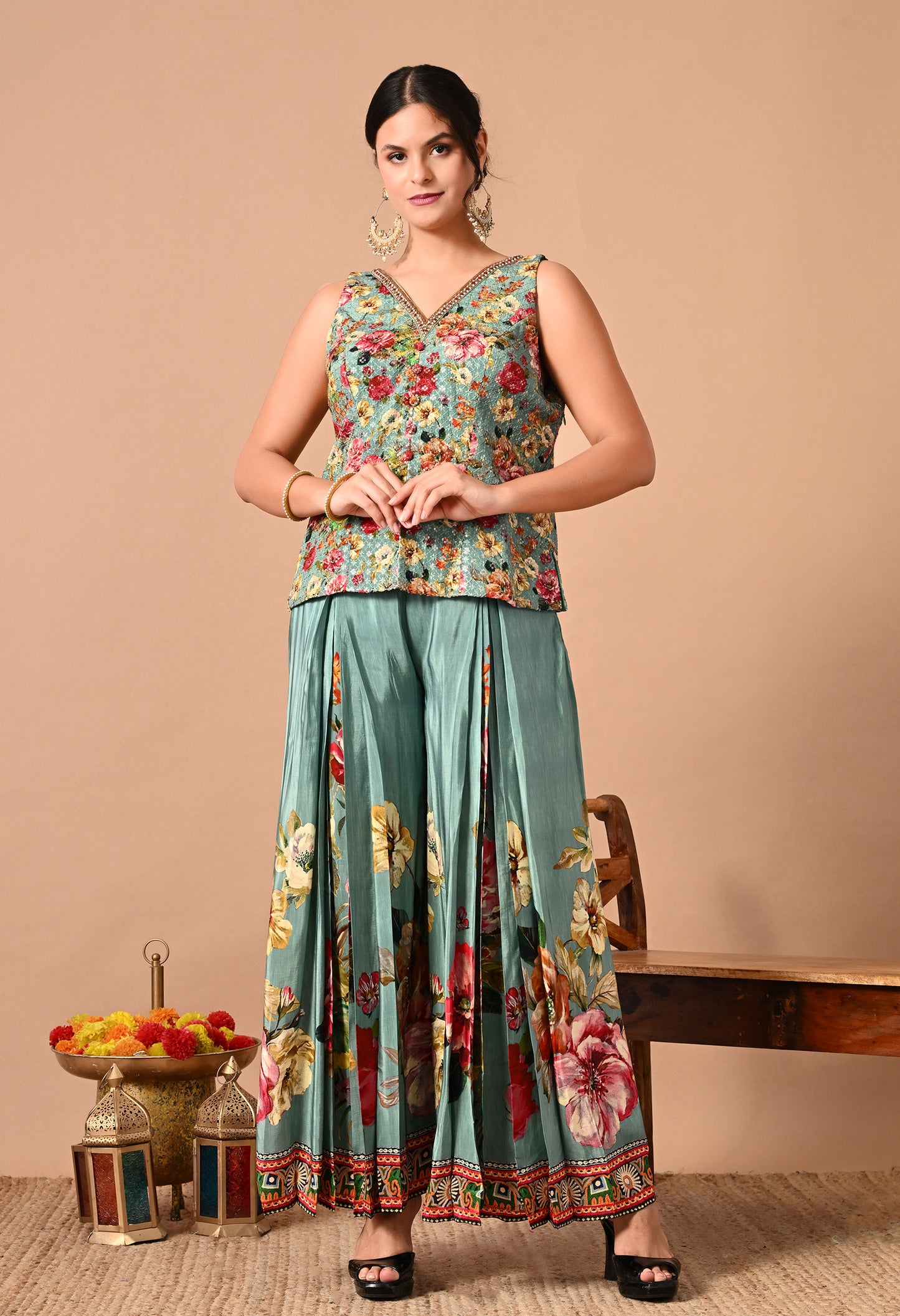 Exquisite Green Sharara Set with Sequence, Cutdana, and Crystal Work