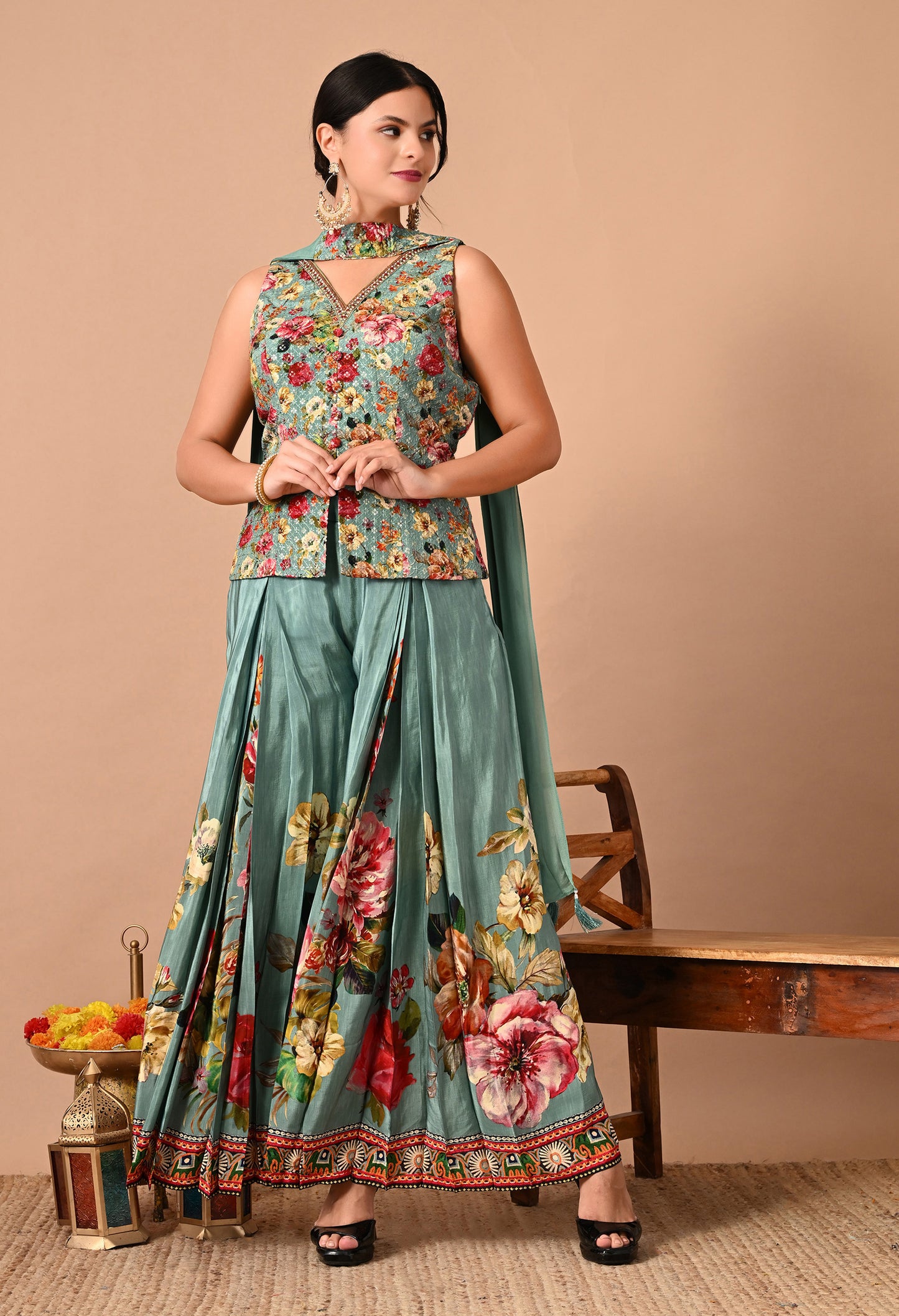 Exquisite Green Sharara Set with Sequence, Cutdana, and Crystal Work