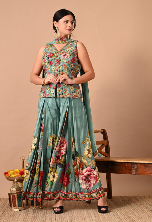 Exquisite Green Sharara Set with Sequence, Cutdana, and Crystal Work