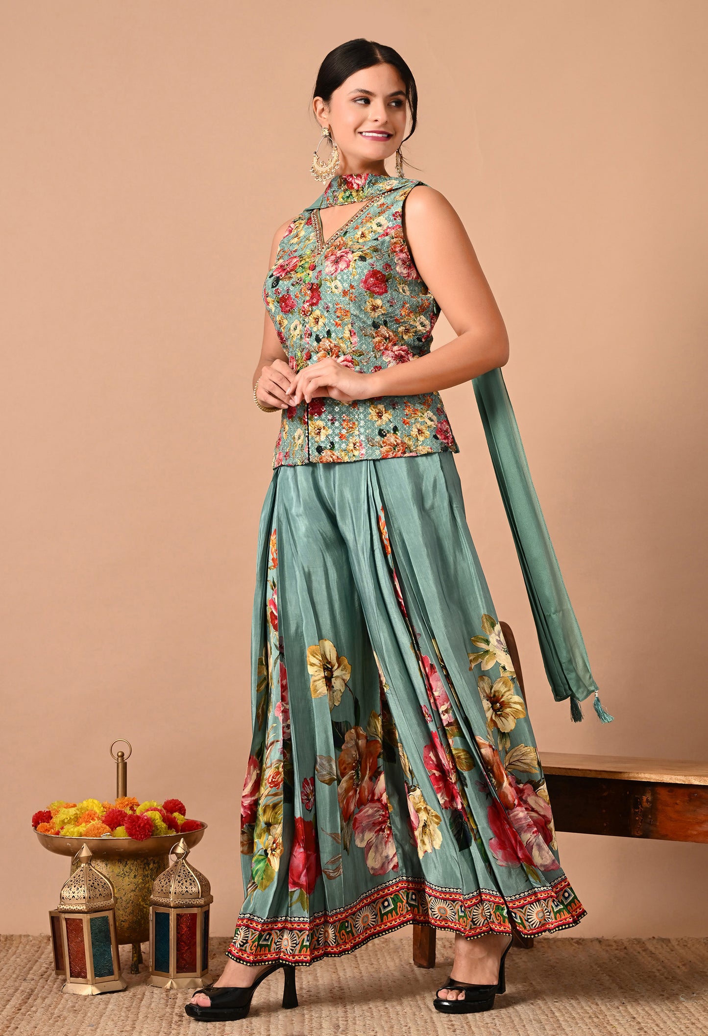 Exquisite Green Sharara Set with Sequence, Cutdana, and Crystal Work