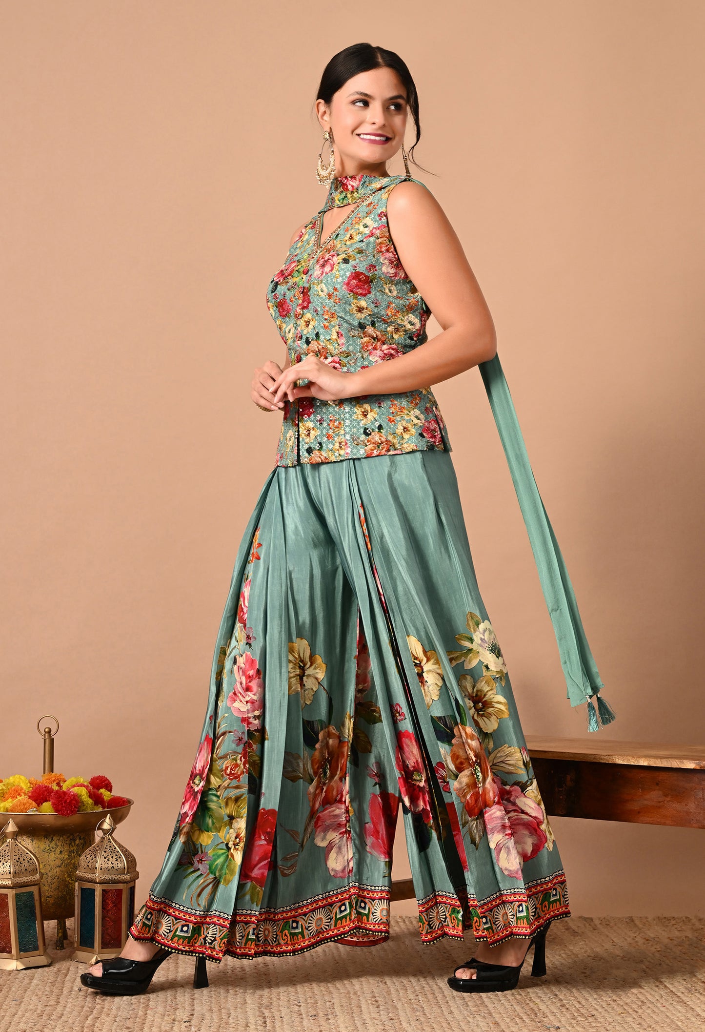 Exquisite Green Sharara Set with Sequence, Cutdana, and Crystal Work