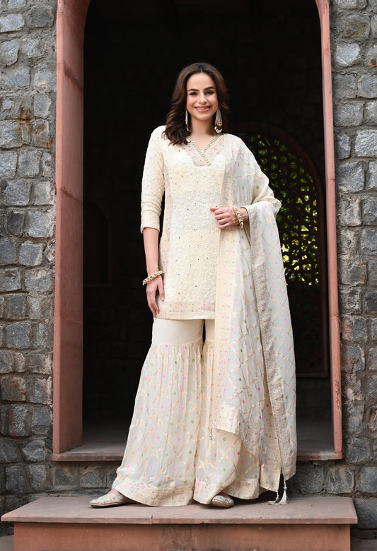 Cream Sharara Set with Banarsi Georgette Dupatta