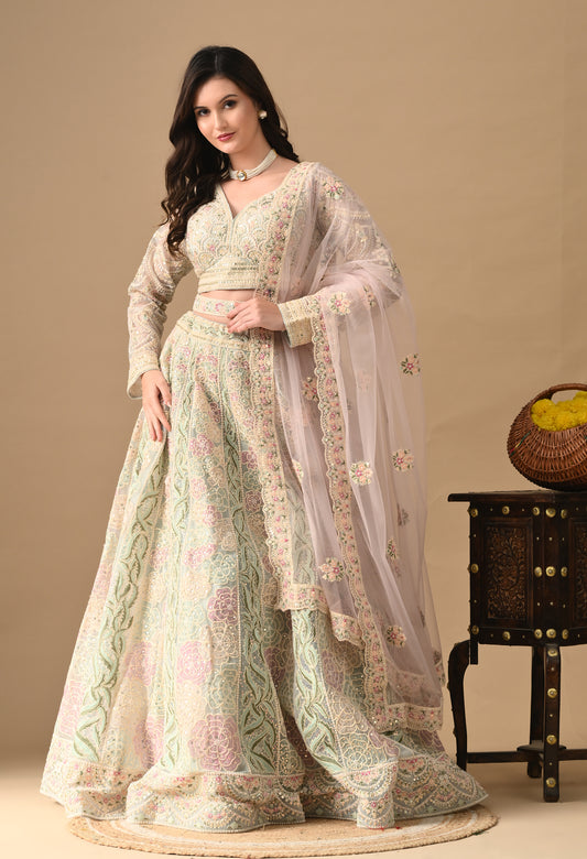 Green Net Lehenga with Thread and Pearl Details