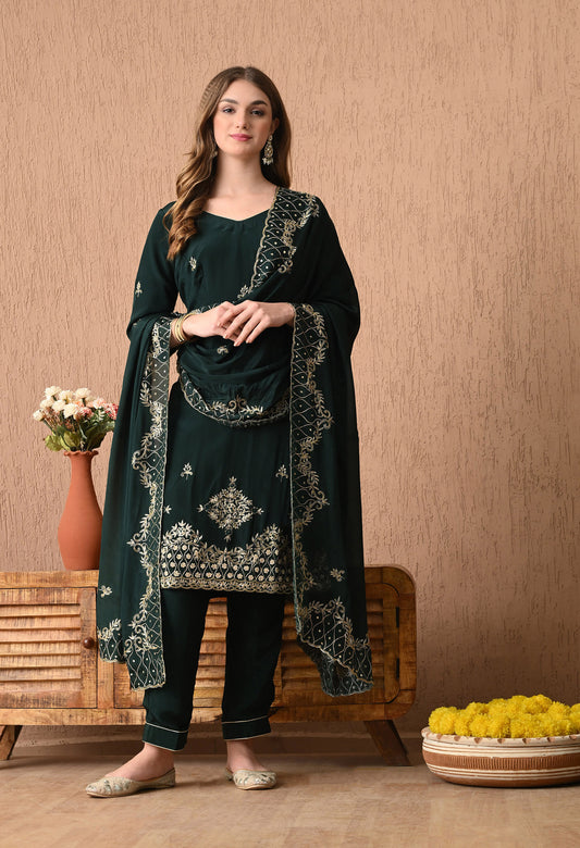 Gracious Bottle Green Kurta Set with Zardozi and Sequin Work
