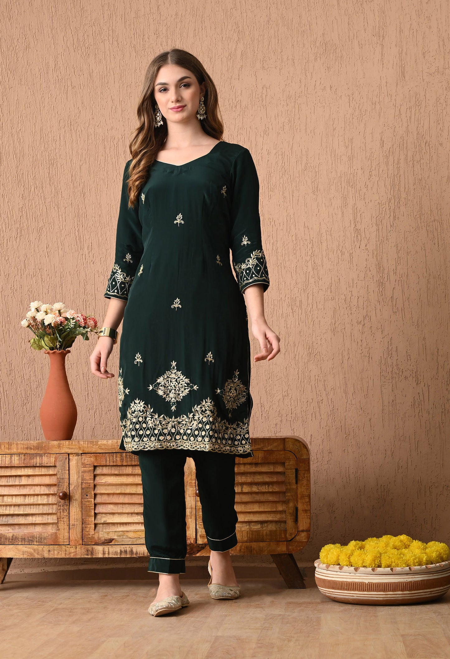 Gracious Bottle Green Kurta Set with Zardozi and Sequin Work