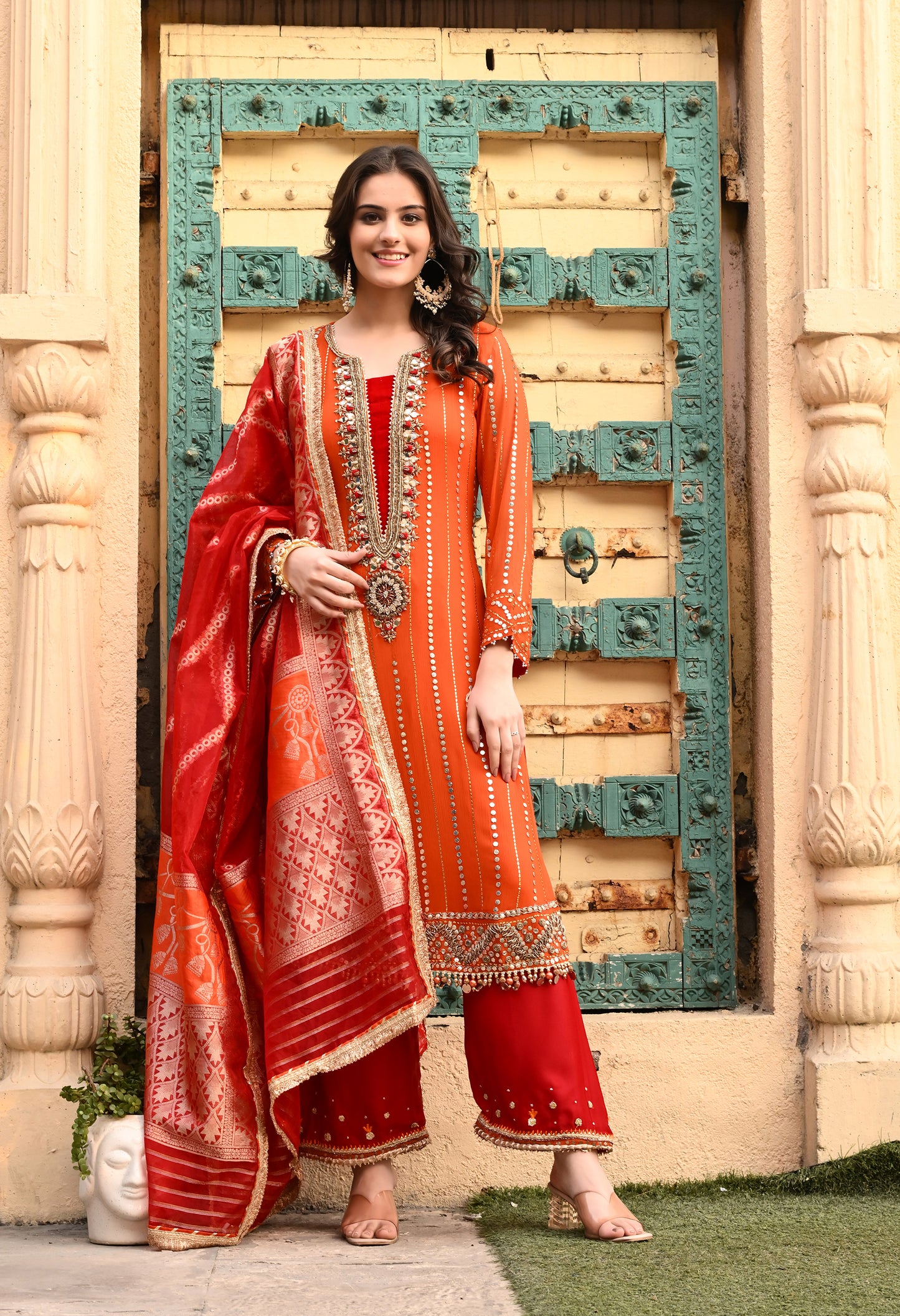 Timeless Orange / Green  Kurta Set with Gotta, Sequence, Kora, and Dabka Work