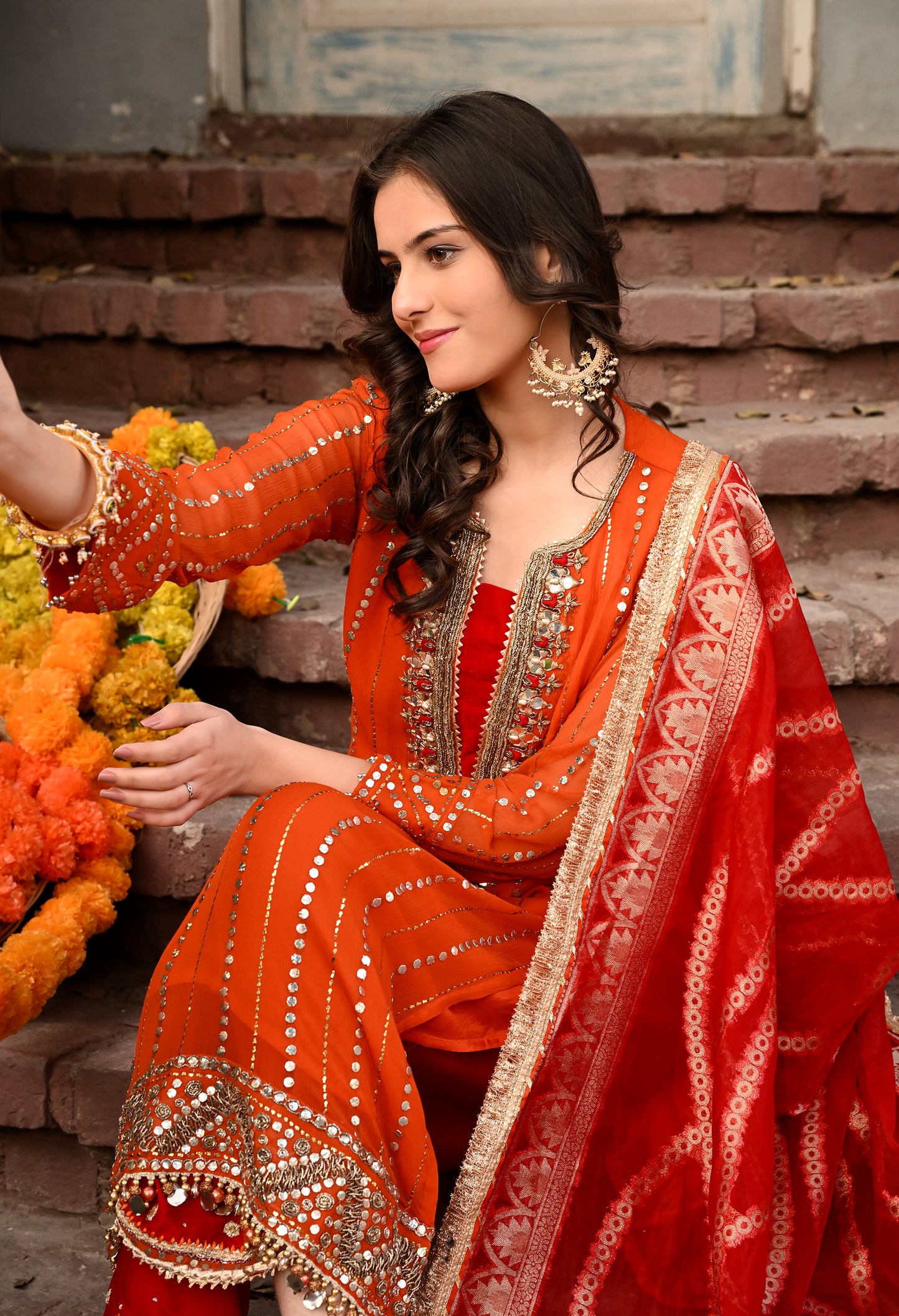 Timeless Orange / Green  Kurta Set with Gotta, Sequence, Kora, and Dabka Work