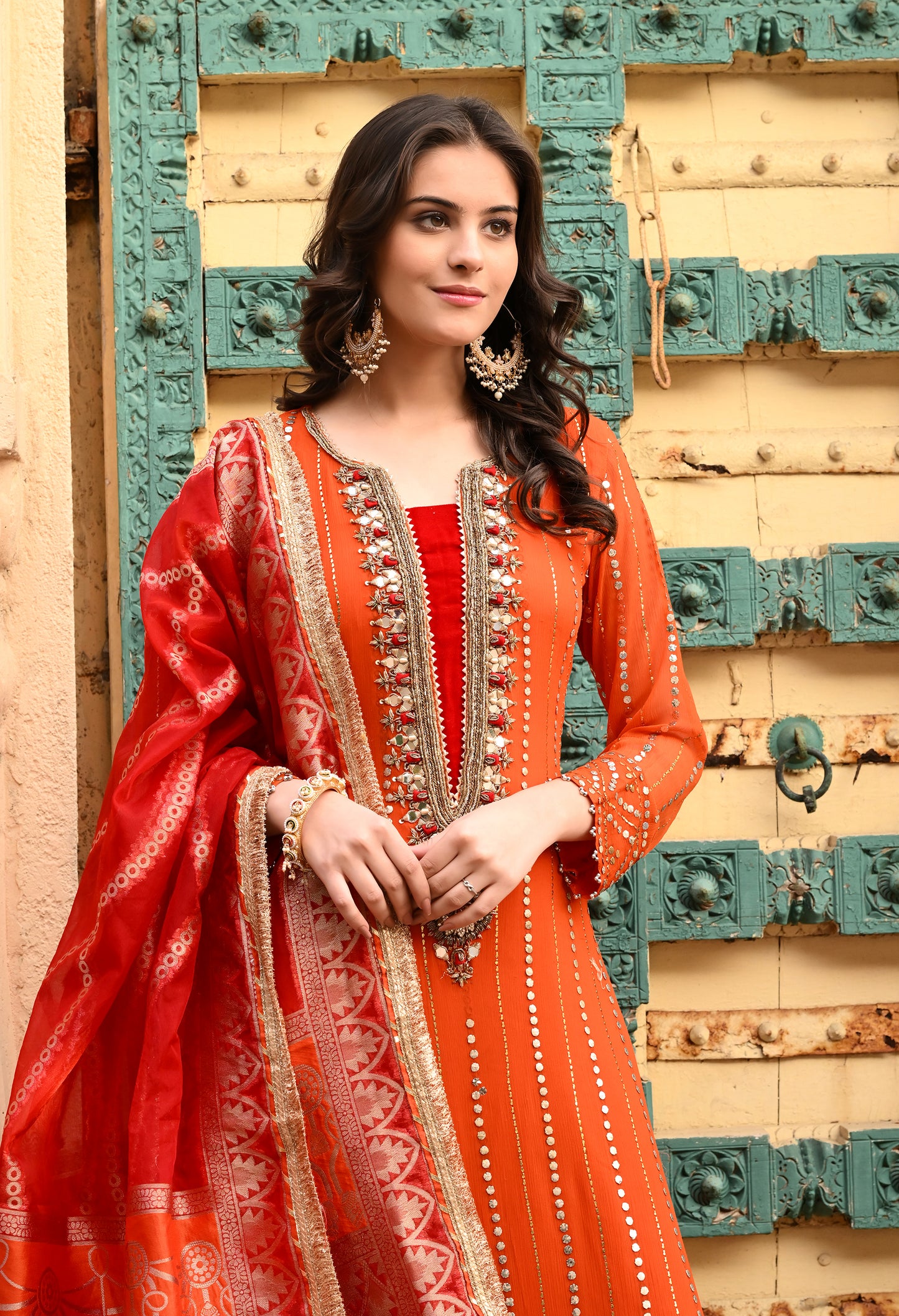 Timeless Orange / Green  Kurta Set with Gotta, Sequence, Kora, and Dabka Work