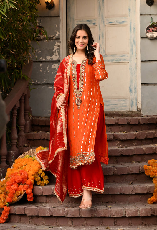 Timeless Orange / Green  Kurta Set with Gotta, Sequence, Kora, and Dabka Work