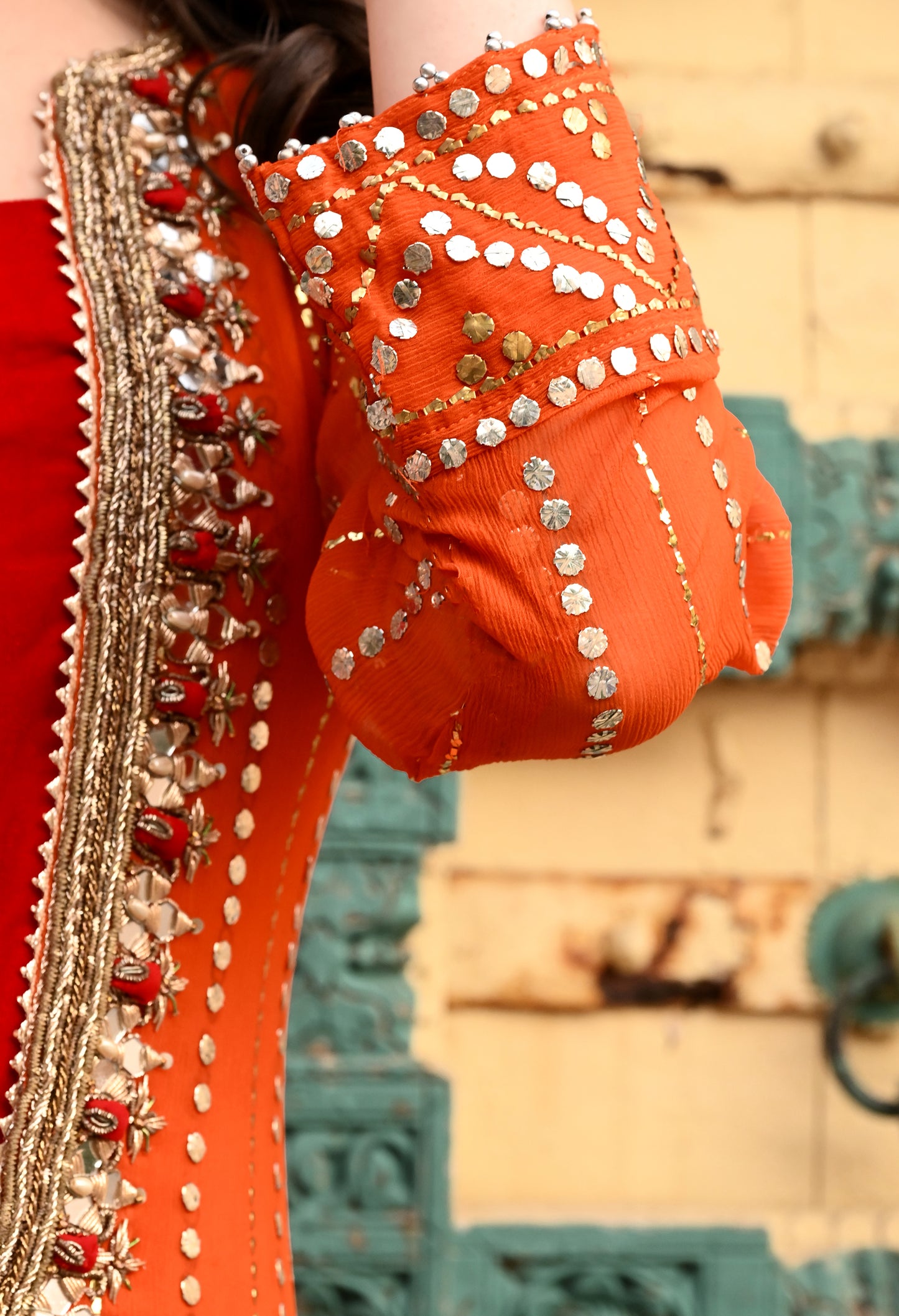 Timeless Orange / Green  Kurta Set with Gotta, Sequence, Kora, and Dabka Work