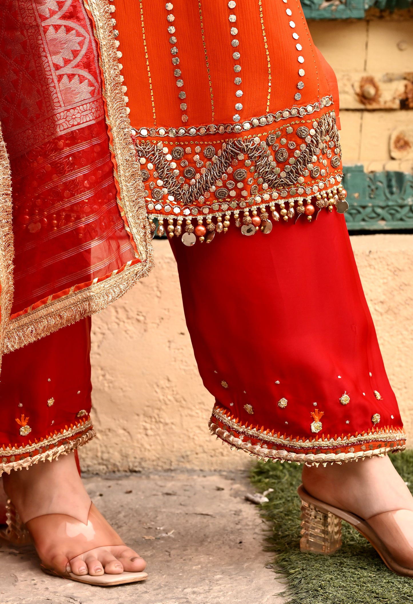 Timeless Orange / Green  Kurta Set with Gotta, Sequence, Kora, and Dabka Work