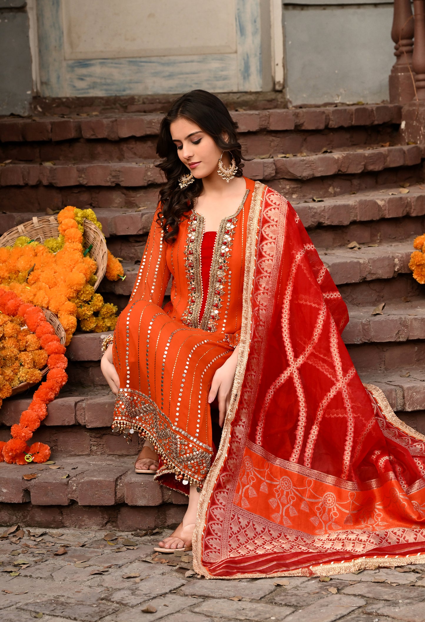 Timeless Orange / Green  Kurta Set with Gotta, Sequence, Kora, and Dabka Work
