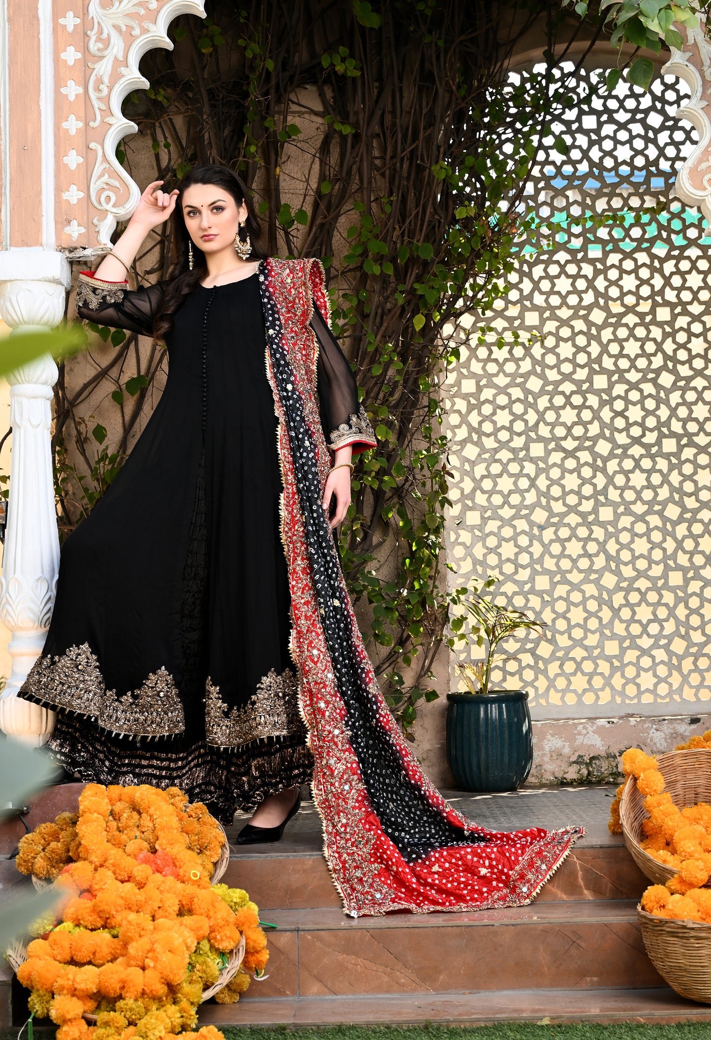 Gracious Black Sharara Set with Gotta, Sequence, Kora, and Dabka Work