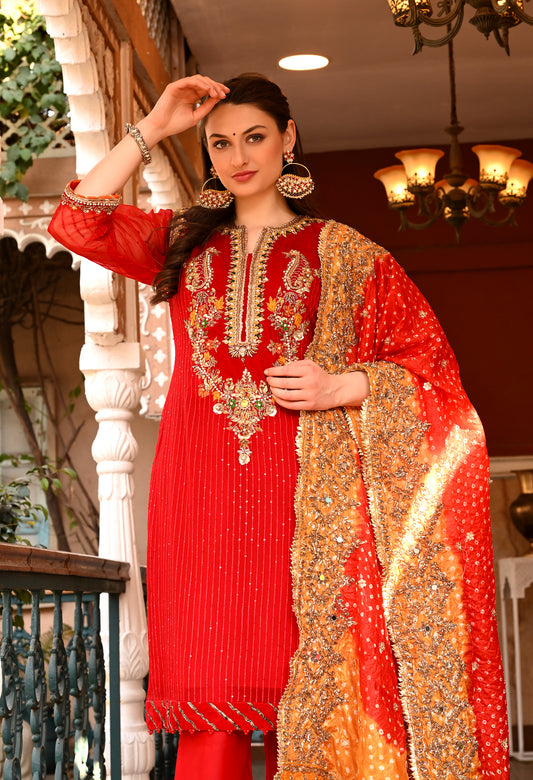 Red Gota Embroidered Kurta Set with Mirror Work