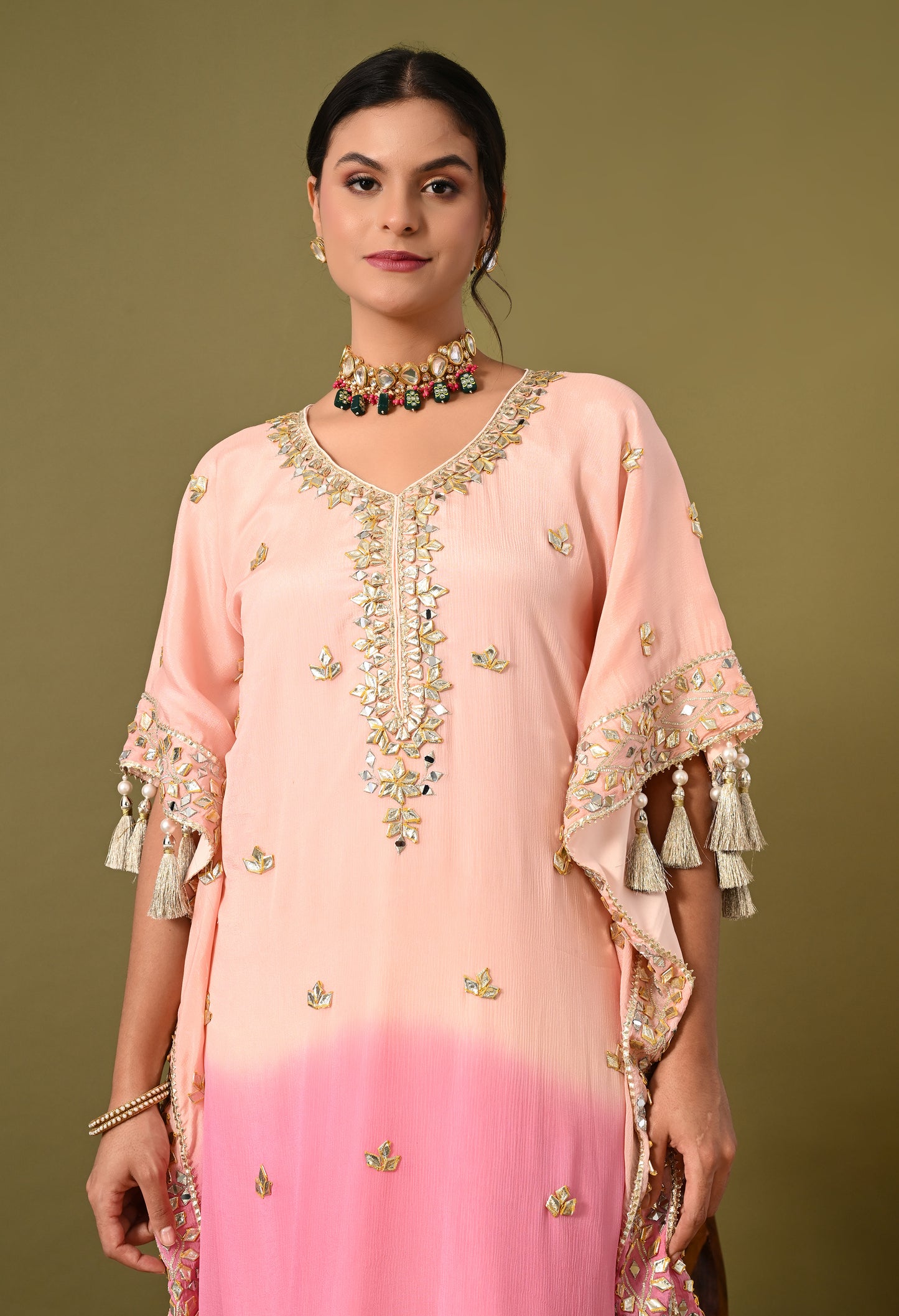 Stylish Pink Kaftan Set with Gotta, Zardozi, and Mirror Work