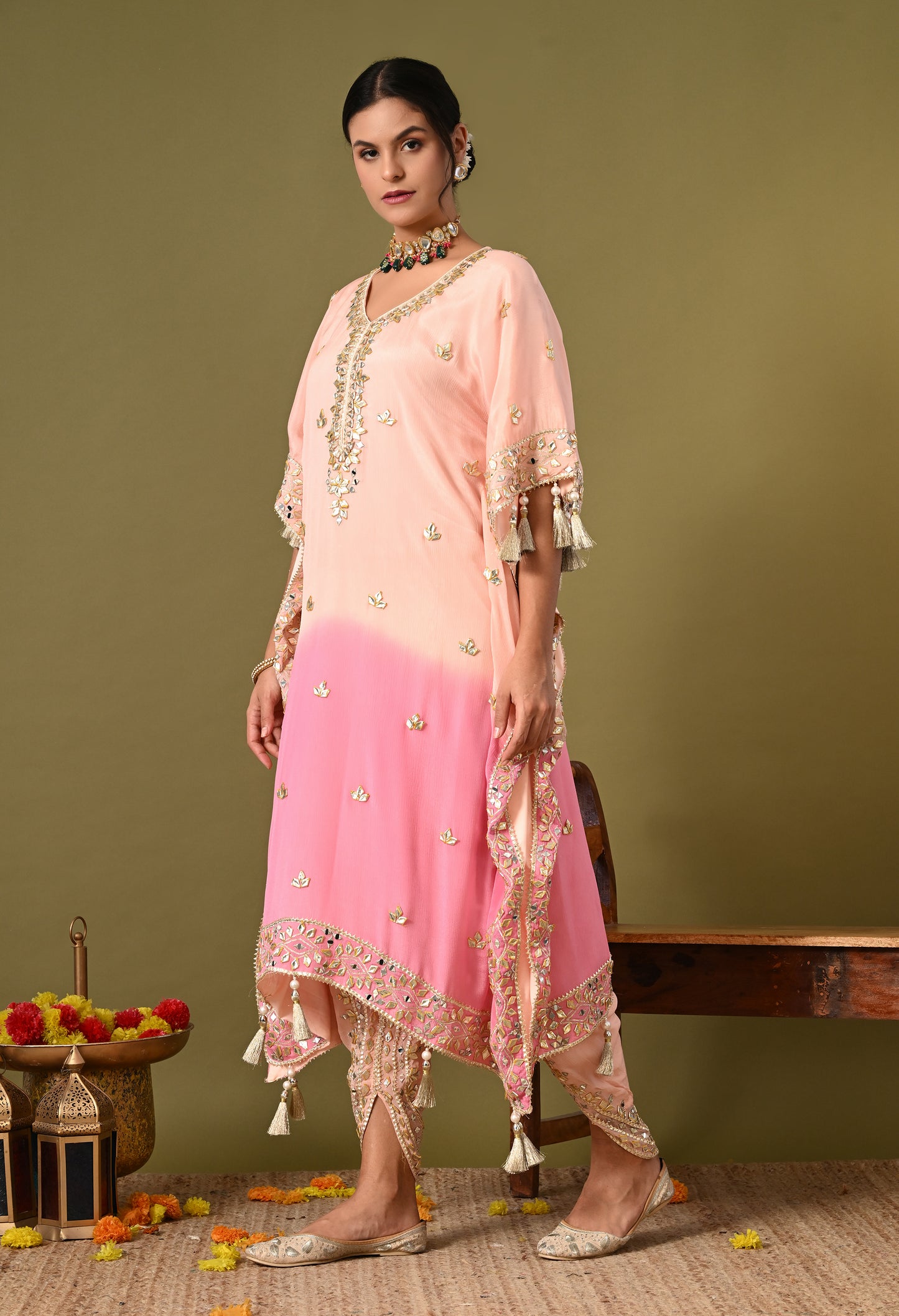 Stylish Pink Kaftan Set with Gotta, Zardozi, and Mirror Work
