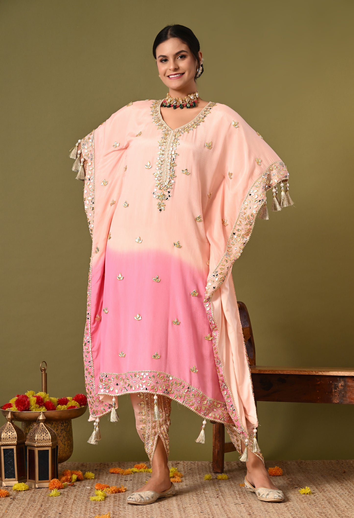 Stylish Pink Kaftan Set with Gotta, Zardozi, and Mirror Work
