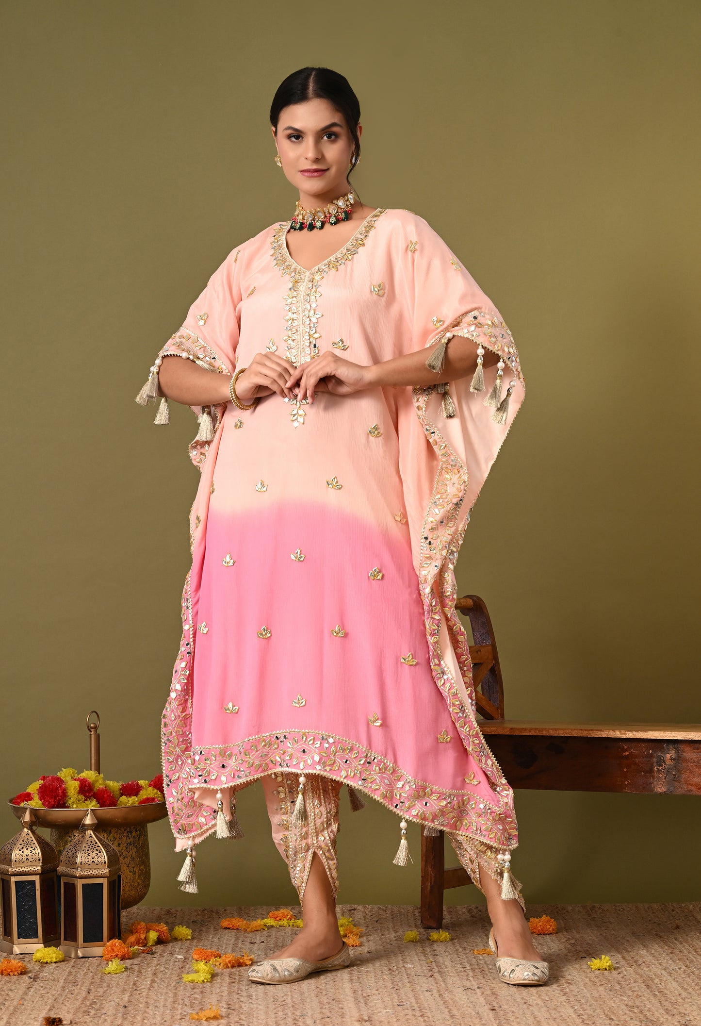 Stylish Pink Kaftan Set with Gotta, Zardozi, and Mirror Work