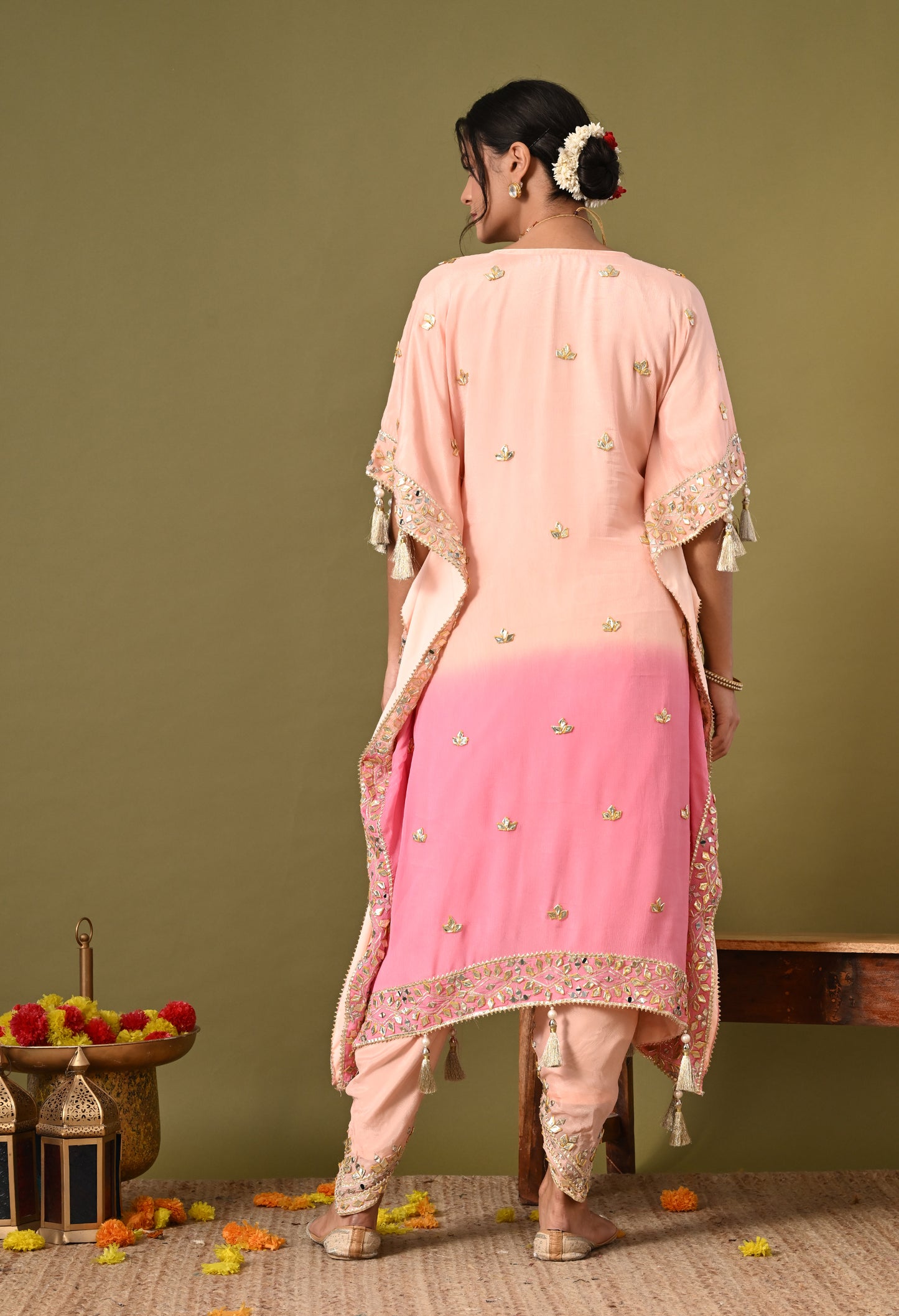 Stylish Pink Kaftan Set with Gotta, Zardozi, and Mirror Work