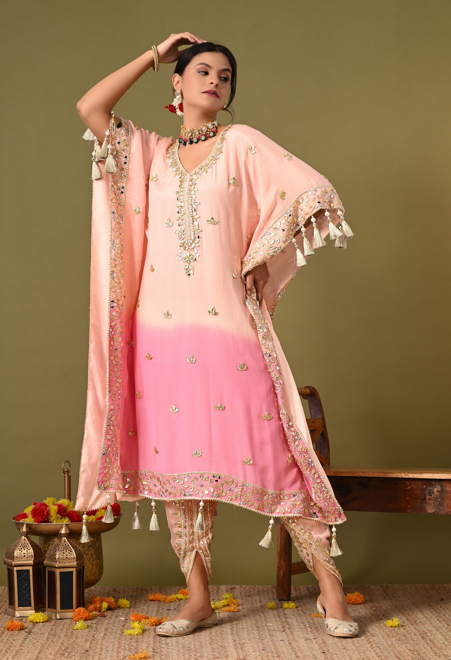 Stylish Pink Kaftan Set with Gotta, Zardozi, and Mirror Work