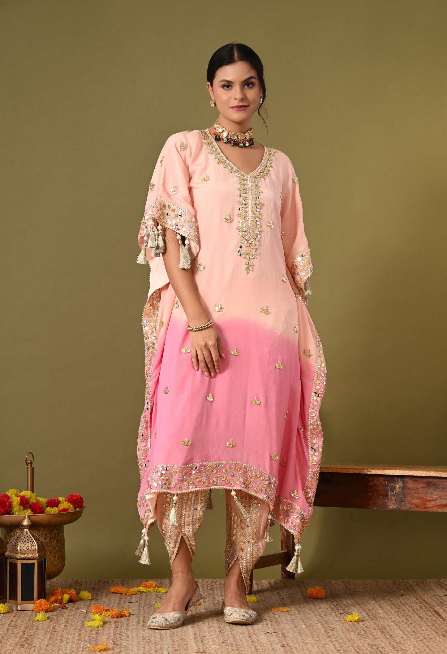 Stylish Pink Kaftan Set with Gotta, Zardozi, and Mirror Work