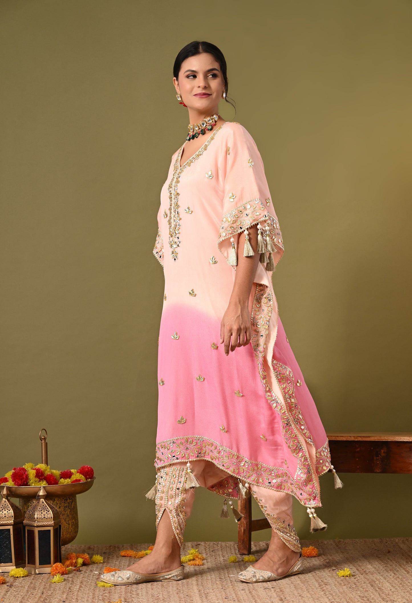 Stylish Pink Kaftan Set with Gotta, Zardozi, and Mirror Work