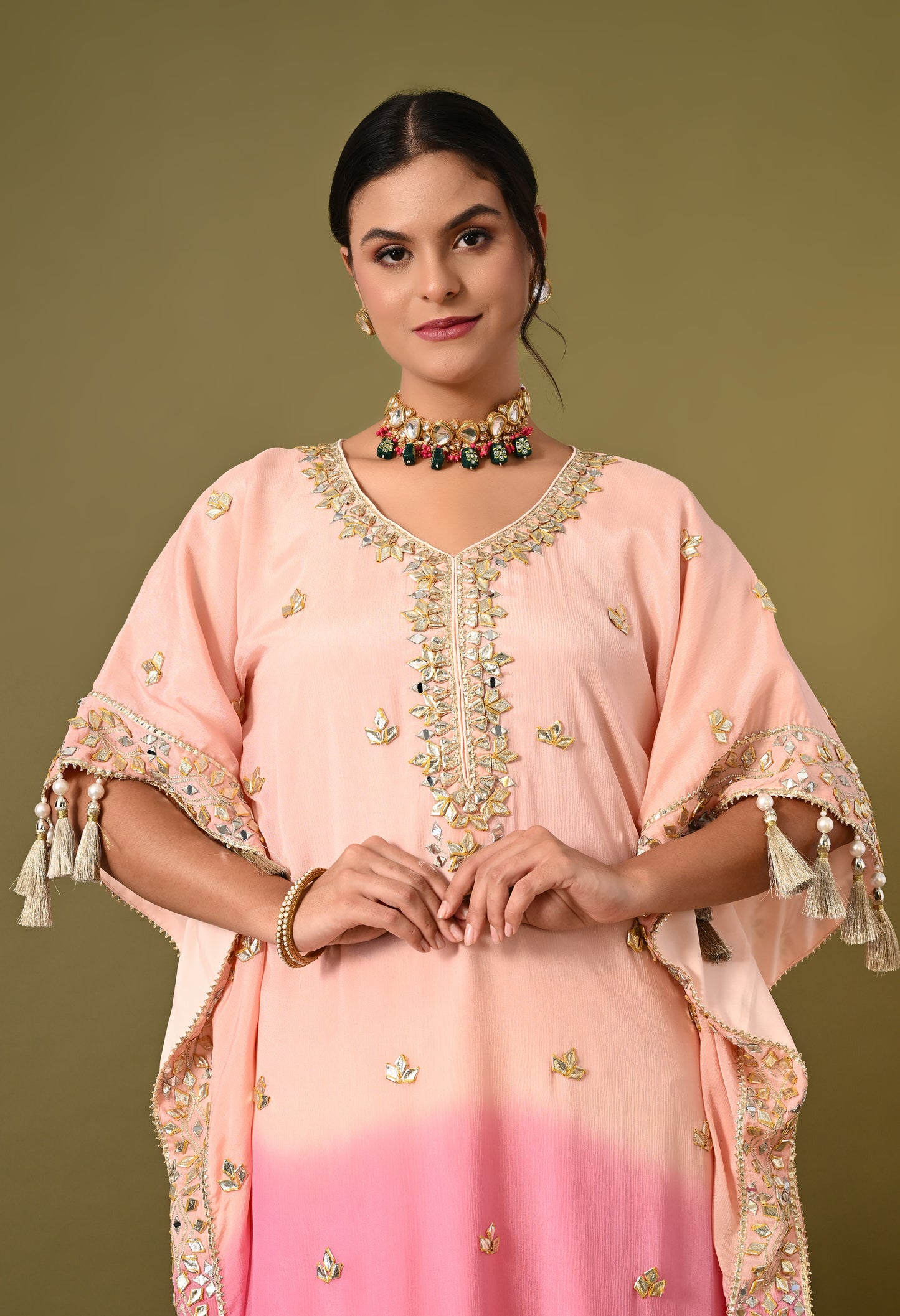 Stylish Pink Kaftan Set with Gotta, Zardozi, and Mirror Work