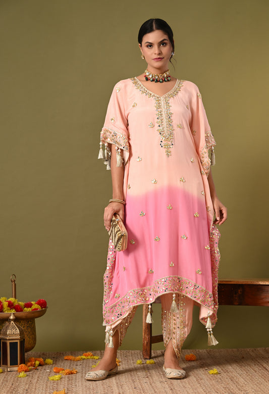Stylish Pink Kaftan Set with Gotta, Zardozi, and Mirror Work