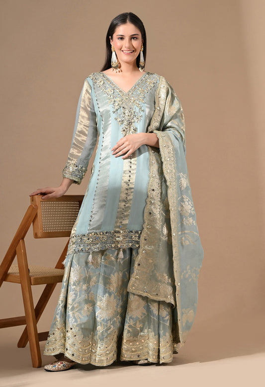 Fascinating Blue Sharara Set with Gotta & Mirror Work