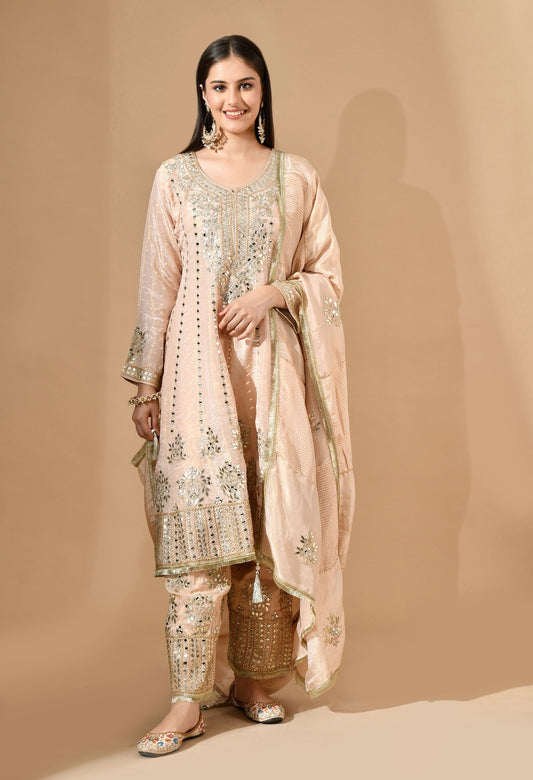 Peach Kurta Set with Gotta, Mirror & Zardozi Work