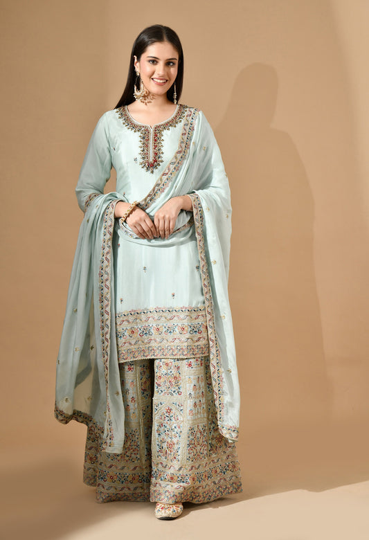 Aqua Blue Sharara Set with Zardozi, Crystal & Pearl Work
