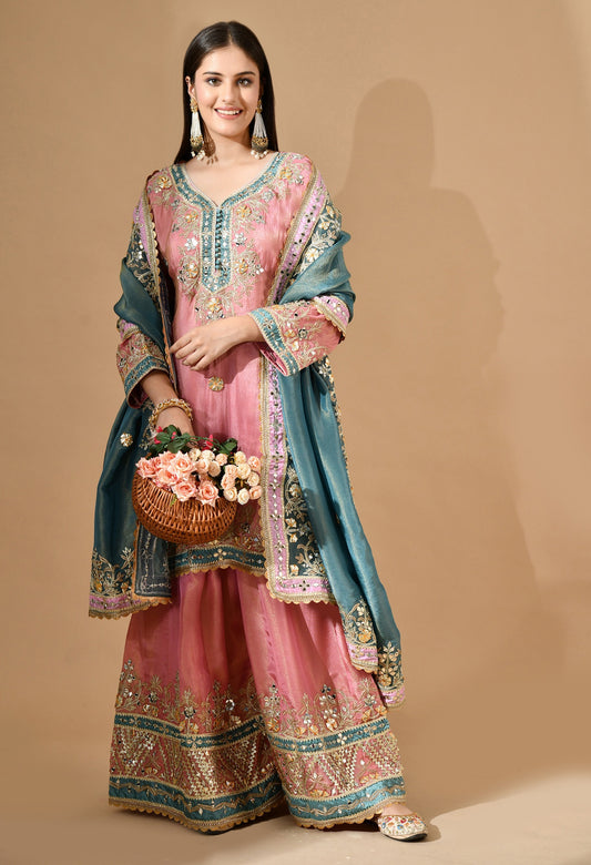 Carrot Pink Sharara Set with Mirror & Gotta Work