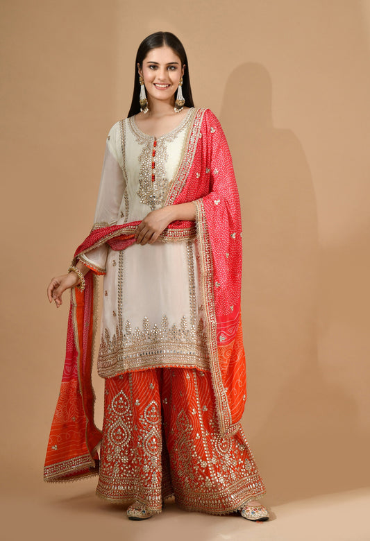 Cream Chinon Sharara Set with Gotta & Zari Work