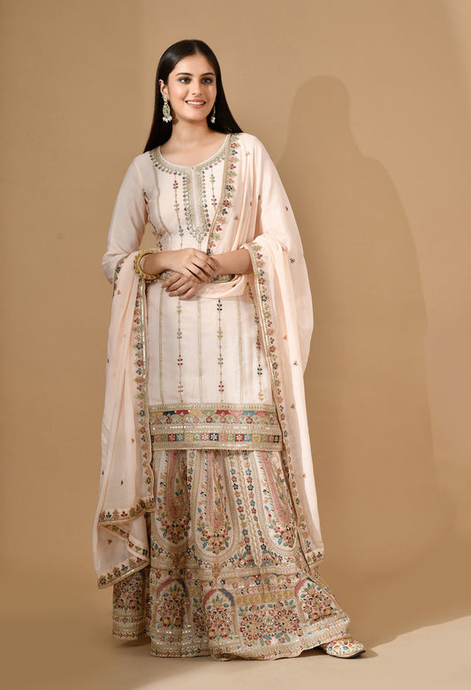 Peach Pink Chinon Sharara Set with Thread & Zardozi Work