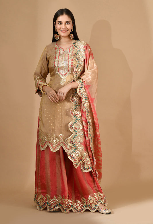 Golden & Pink Sharara Set with Zardozi & Mirror Work