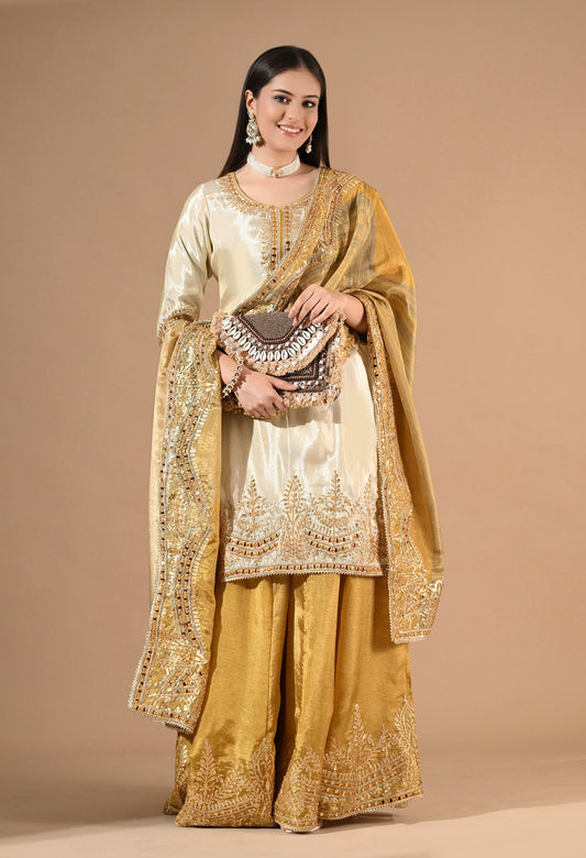 Cream Yellow Sharara Set with Gotta & Mirror Work