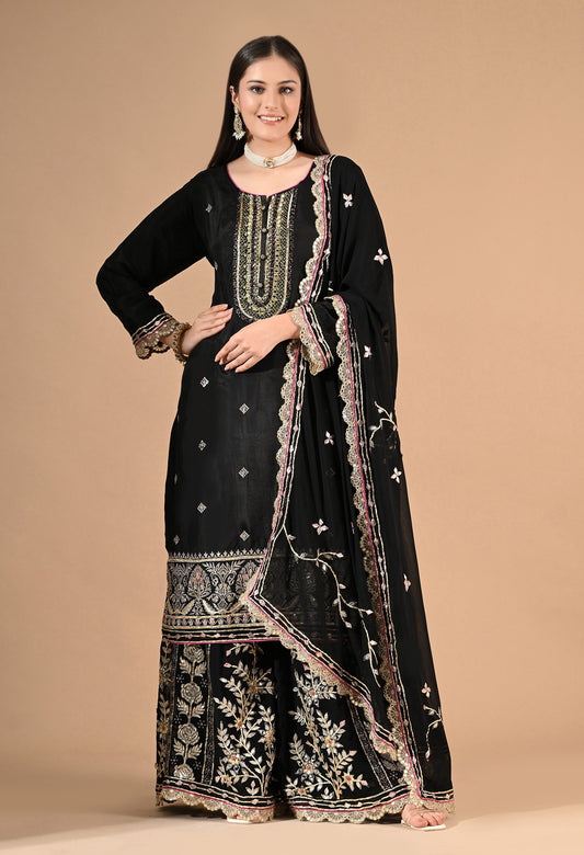Black Sharara Set with Zardozi & Gotta Embroidery