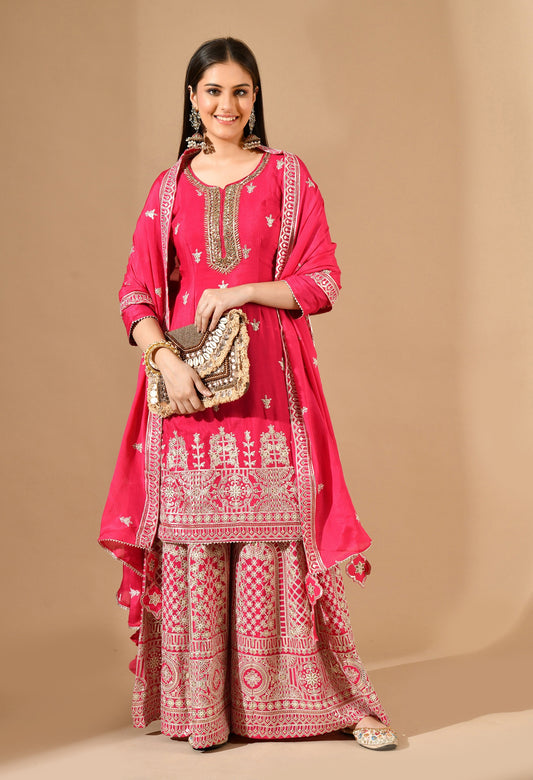 Hot Pink Sharara Set with Gotta, Zardozi & Crystal Embroidery