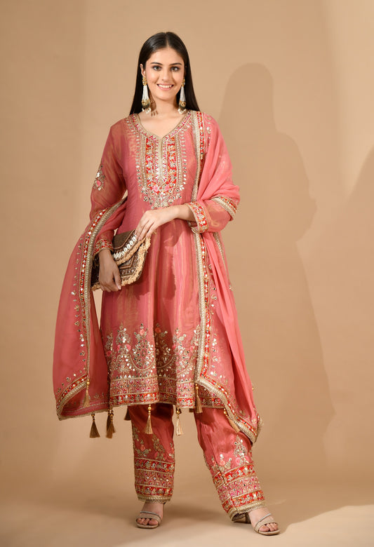 Carrot Pink Kurta Set with Gotta, Zari & Appliqué Work